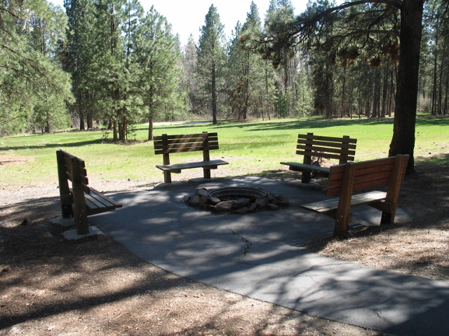 picture showing Group campfire ring with benches and large grassy play/tent area is in the background.